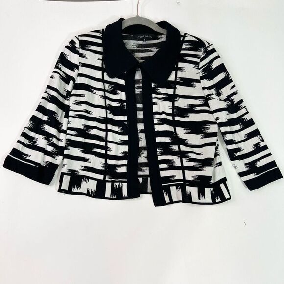 Ming Wang Cardigan Jacket Womens Small Black White Open Front Collared Knit - Picture 1 of 8